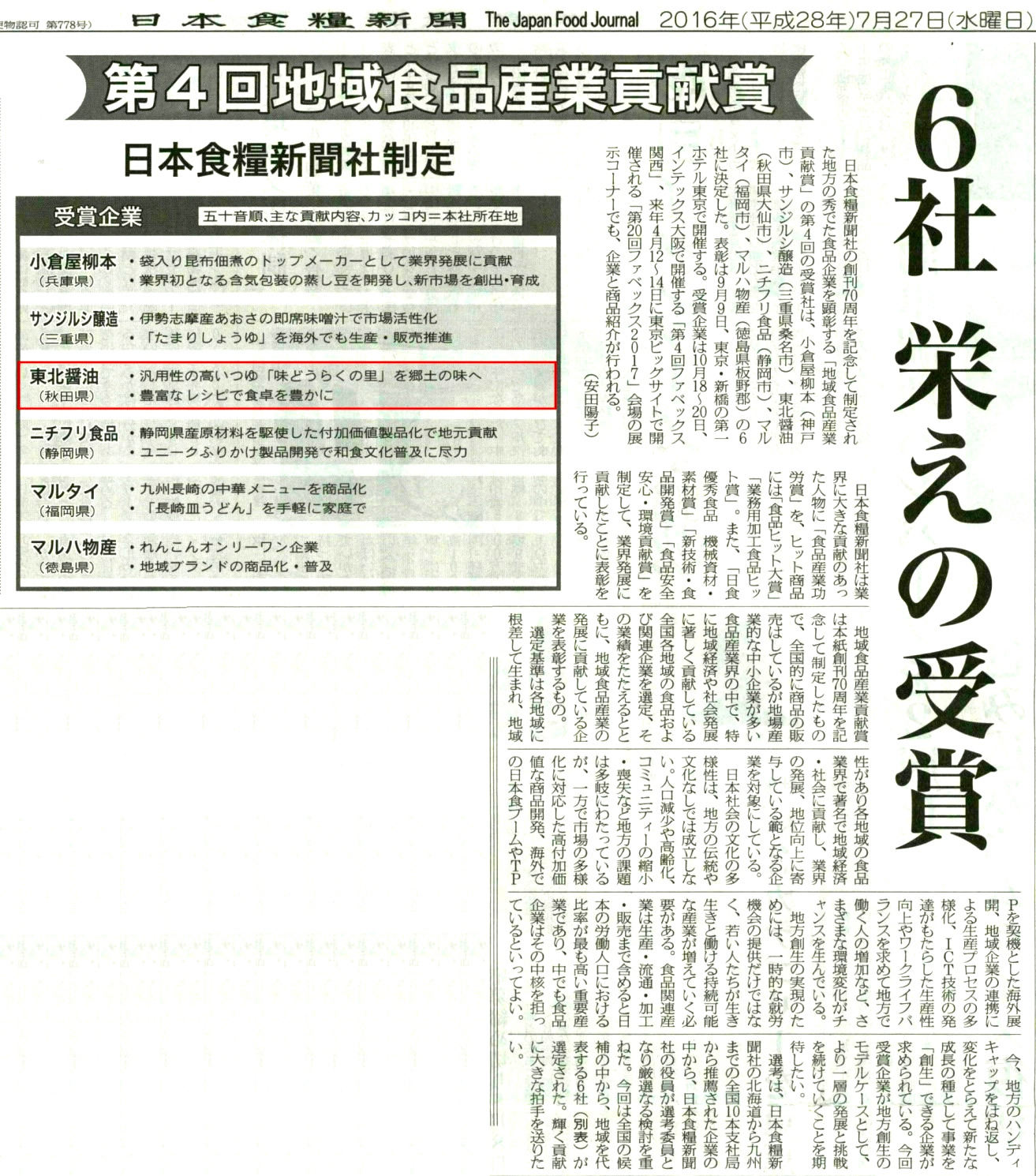 日本食糧新聞社掲載記事